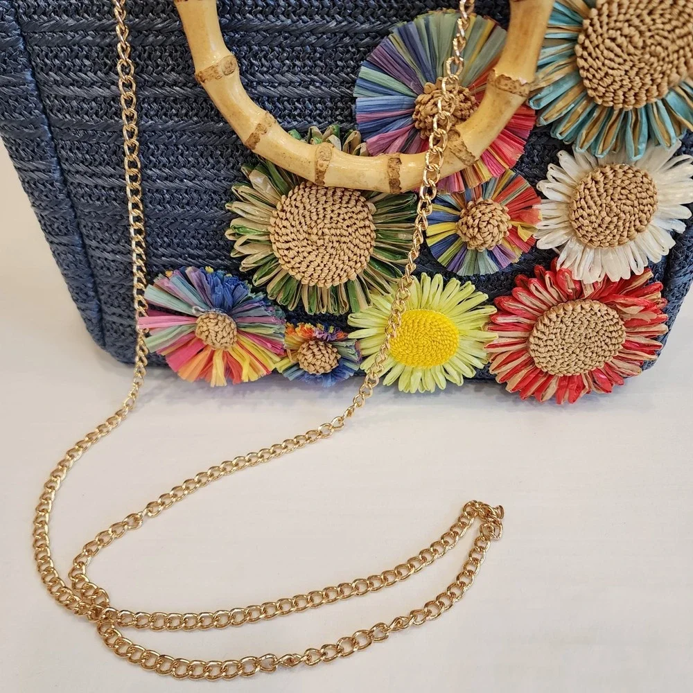 Haute Hippie Women's Straw Raffia Bag Purse With Gold Tone Chain Retro Ladylike